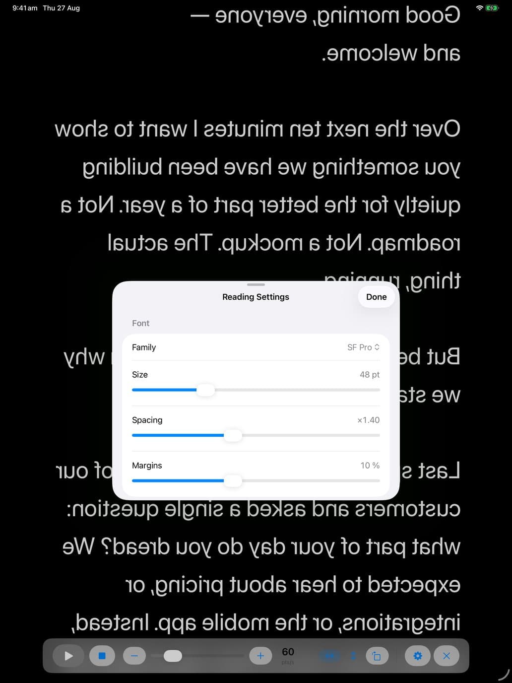 Reading settings — typeface, size, spacing and margins, adjusted live.